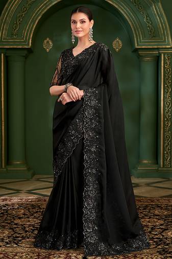 Black color faux satin georgette embroidered saree with heavy work blouse