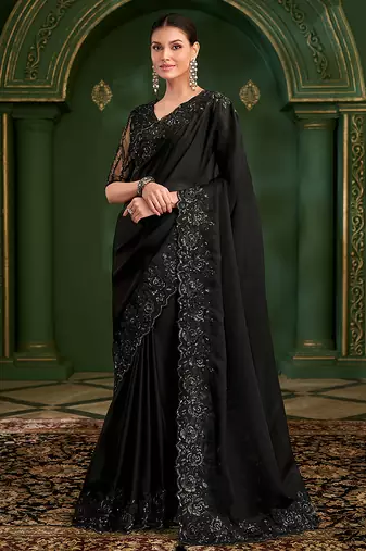 Black color faux satin georgette embroidered saree with heavy work blouse