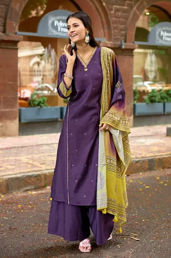 Women Barline Viscose & Handwork Kurta With Trousers And Dupatta