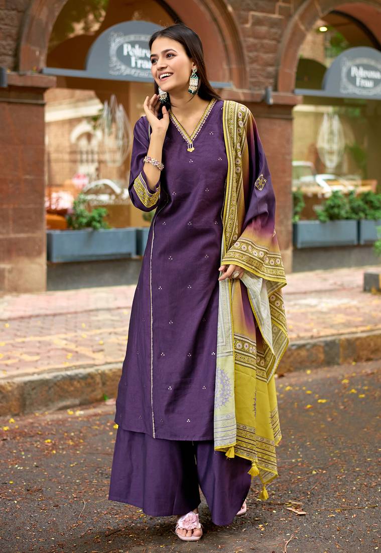 Women Barline Viscose & Handwork Kurta With Trousers And Dupatta