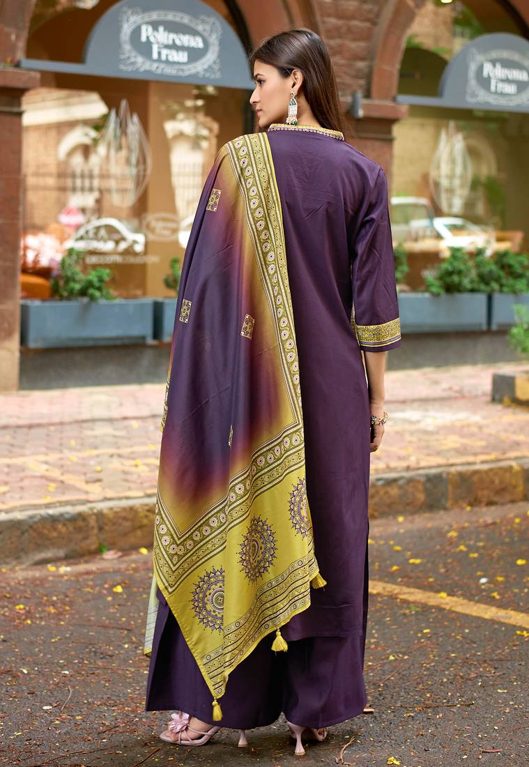 Women Barline Viscose & Handwork Kurta With Trousers And Dupatta