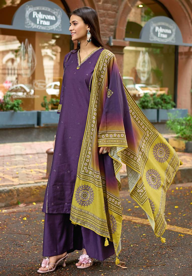 Women Barline Viscose & Handwork Kurta With Trousers And Dupatta
