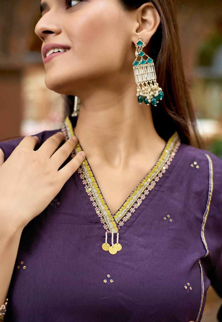 Women Barline Viscose & Handwork Kurta With Trousers And Dupatta