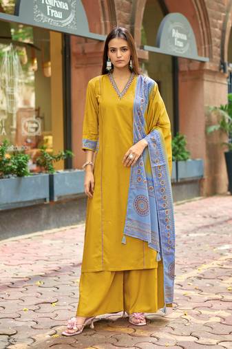 Women Barline Viscose & Handwork Kurta With Trousers And Dupatta
