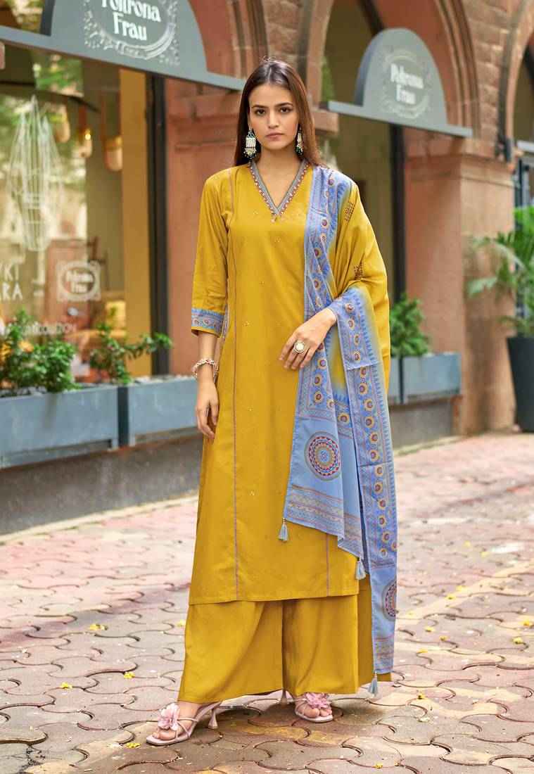 Women Barline Viscose & Handwork Kurta With Trousers And Dupatta