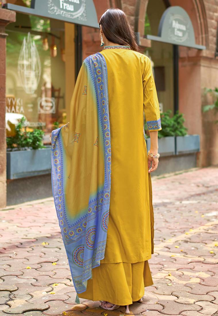 Women Barline Viscose & Handwork Kurta With Trousers And Dupatta