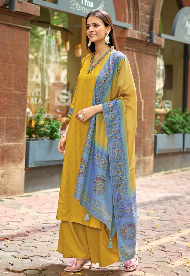 Women Barline Viscose & Handwork Kurta With Trousers And Dupatta
