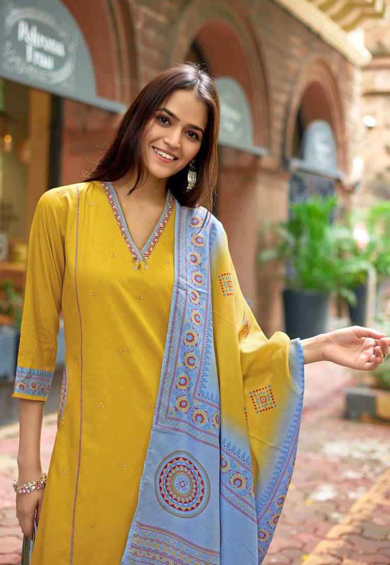 Women Barline Viscose & Handwork Kurta With Trousers And Dupatta