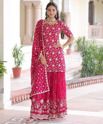 Pink faux georgette rich sequins embroidered kurta with sharara and heavy dupatta 1