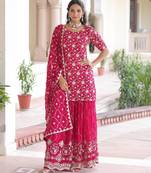Pink faux georgette rich sequins embroidered kurta with sharara and heavy dupatta