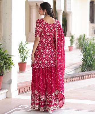 Pink faux georgette rich sequins embroidered kurta with sharara and heavy dupatta 2