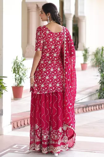 Pink faux georgette rich sequins embroidered kurta with sharara and heavy dupatta