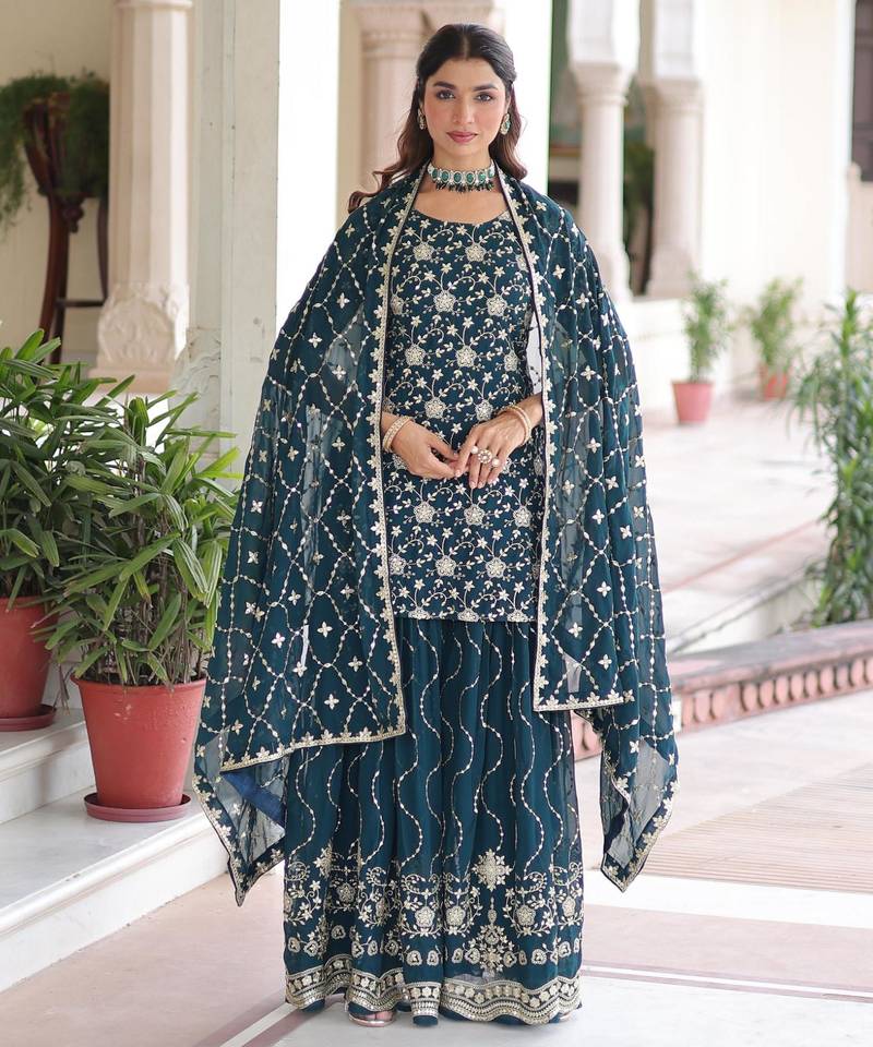 Rama faux georgette rich sequins embroidered kurta with sharara and heavy dupatta