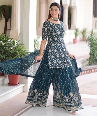 Rama faux georgette rich sequins embroidered kurta with sharara and heavy dupatta 2