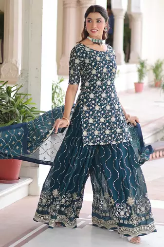 Rama faux georgette rich sequins embroidered kurta with sharara and heavy dupatta