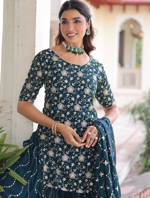Rama faux georgette rich sequins embroidered kurta with sharara and heavy dupatta 3