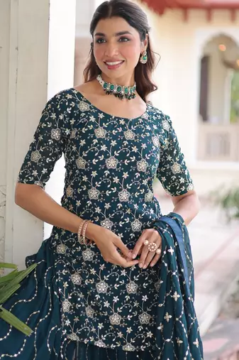 Rama faux georgette rich sequins embroidered kurta with sharara and heavy dupatta