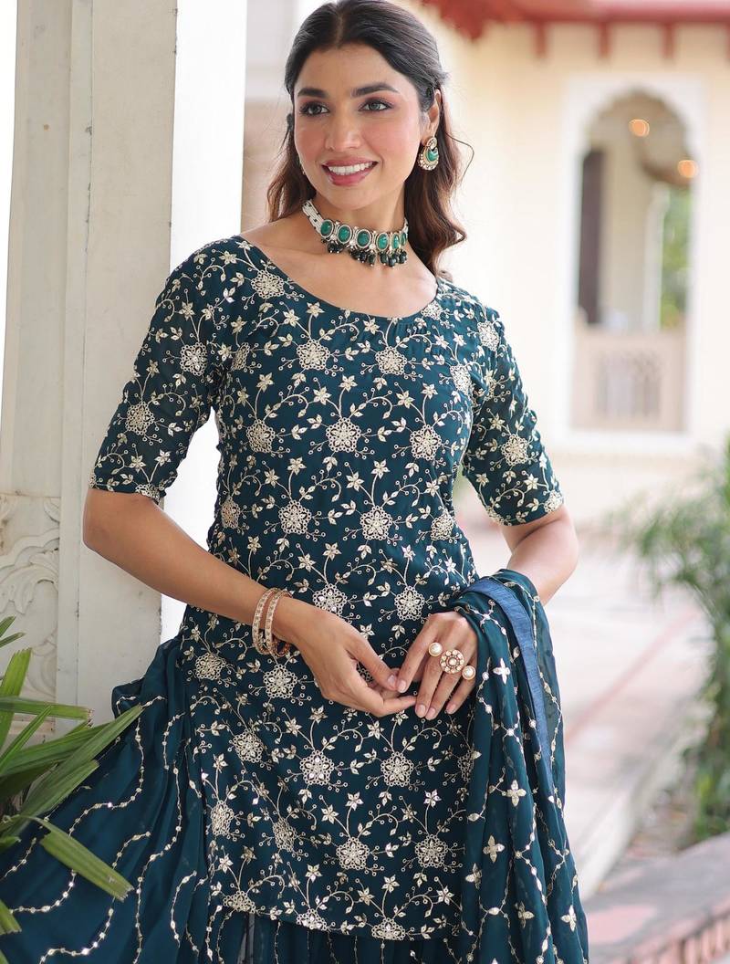 Rama faux georgette rich sequins embroidered kurta with sharara and heavy dupatta