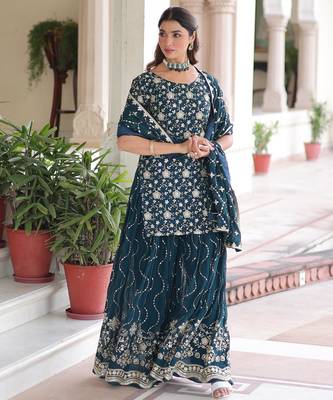 Rama faux georgette rich sequins embroidered kurta with sharara and heavy dupatta 4