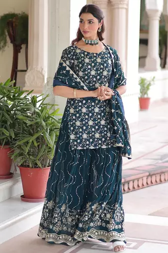 Rama faux georgette rich sequins embroidered kurta with sharara and heavy dupatta