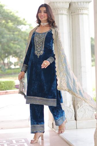 Blue velvet rich sequins embroidered kurta with pant and heavy dupatta