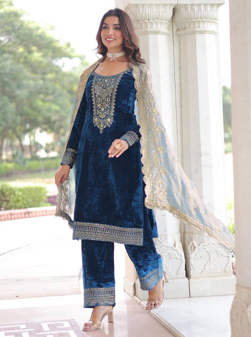 Blue velvet rich sequins embroidered kurta with pant and heavy dupatta