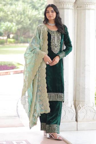 Green velvet rich sequins embroidered kurta with pant and heavy dupatta