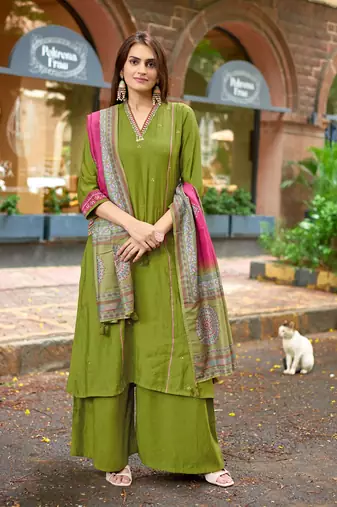 Women Barline Viscose & Handwork Kurta With Trousers And Dupatta