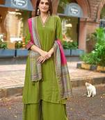 Women Barline Viscose & Handwork Kurta With Trousers And Dupatta