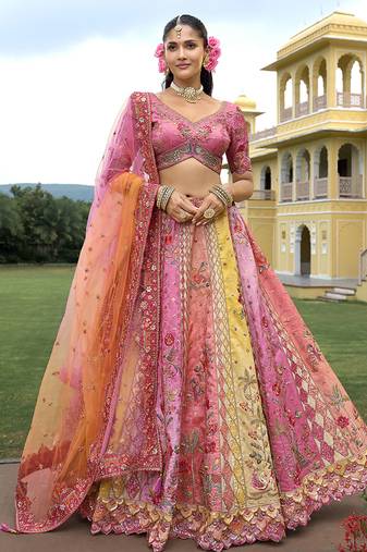 Multicolor Embroidered Art Silk Designer Wedding Lehenga Choli
