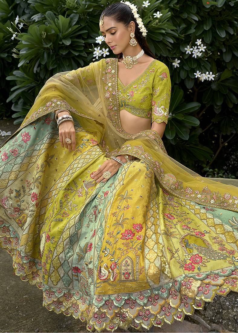 Multicolor Embroidered Art Silk Designer Wedding Lehenga Choli