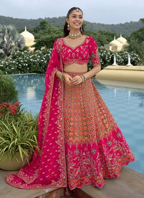 Orang & Hot Pink Embroidered Art silk blend Wedding Lehenga Choli 1