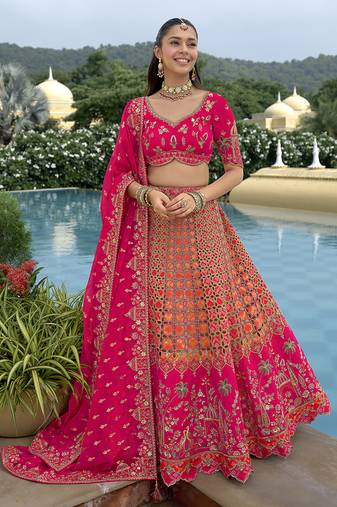 Orang & Hot Pink Embroidered Art Silk Designer Wedding Lehenga Choli