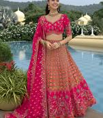 Orang & Hot Pink Embroidered Art Silk Designer Wedding Lehenga Choli