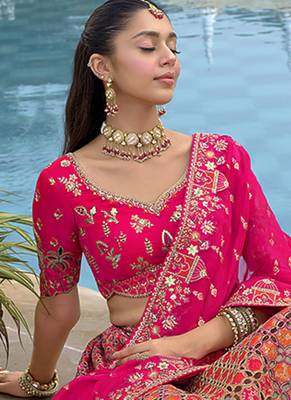 Orang & Hot Pink Embroidered Art silk blend Wedding Lehenga Choli 2