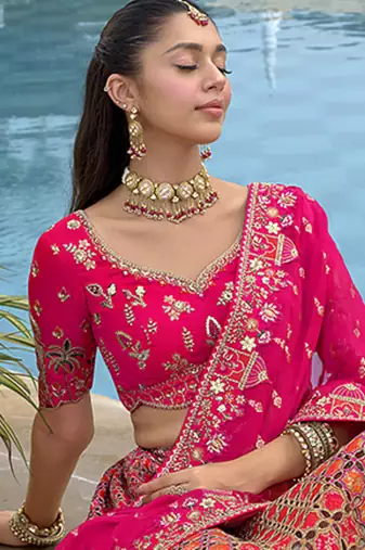 Orang & Hot Pink Embroidered Art silk blend Wedding Lehenga Choli
