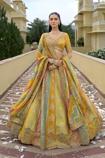 Multicolor Embroidered Art Silk Designer Wedding Lehenga Choli
