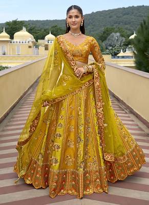 Mustard & Lime Green Embroidered Art silk blend Wedding Lehenga Choli 1