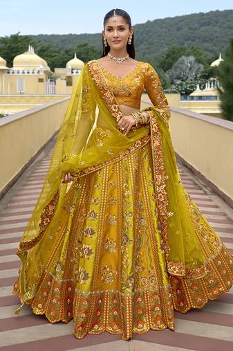 Mustard & Lime Green Embroidered Art Silk Designer Wedding Lehenga Choli