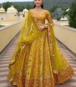 Mustard & Lime Green Embroidered Art Silk Designer Wedding Lehenga Choli