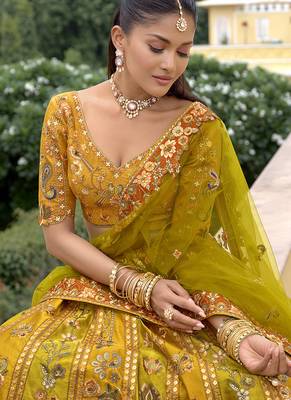 Mustard & Lime Green Embroidered Art silk blend Wedding Lehenga Choli 2