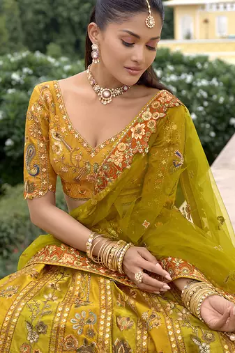Mustard & Lime Green Embroidered Art silk blend Wedding Lehenga Choli