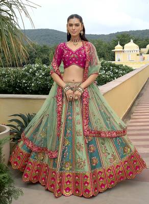 Turquoise & Sea Green Embroidered Art silk blend Wedding Lehenga Choli 1