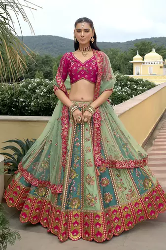 Turquoise & Sea Green Embroidered Art Silk Designer Wedding Lehenga Choli