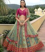 Turquoise & Sea Green Embroidered Art Silk Designer Wedding Lehenga Choli