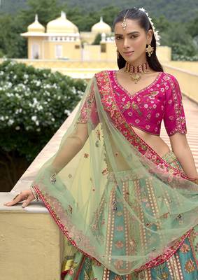 Turquoise & Sea Green Embroidered Art silk blend Wedding Lehenga Choli 2