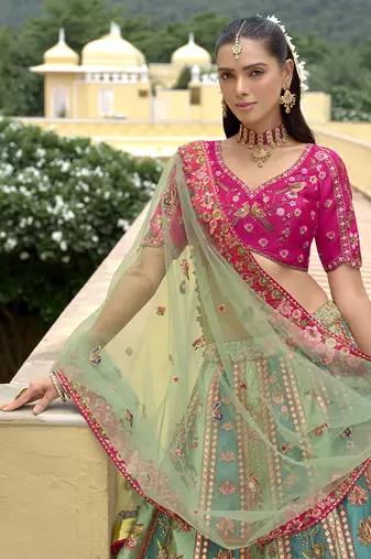 Turquoise & Sea Green Embroidered Art silk blend Wedding Lehenga Choli