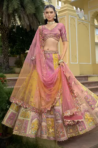 Multicolor Embroidered Art Silk Designer Wedding Lehenga Choli