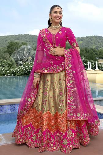 Multicolor Embroidered Art Silk Designer Wedding Lehenga Choli