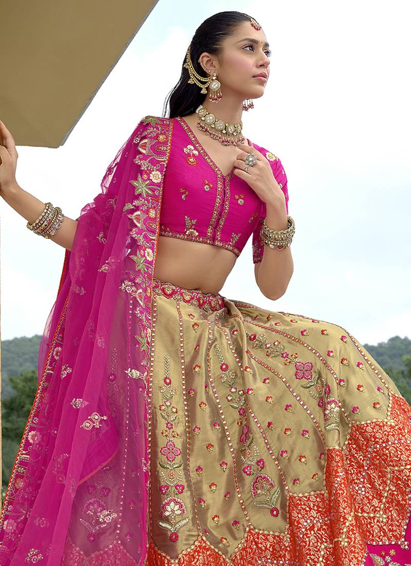 Multicolor Embroidered Art Silk Designer Wedding Lehenga Choli